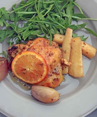 Cuisses de poulet aux oranges sanguines, panais et sirop d’érable