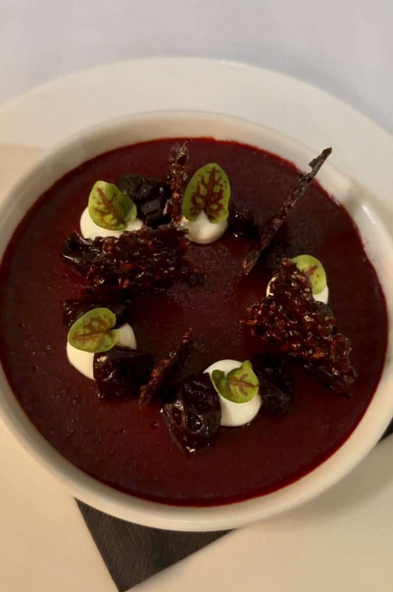 Délice au chocolat noir avec cerises griottes acidulées, crème fraîche et tuile aux éclats de noix de coco